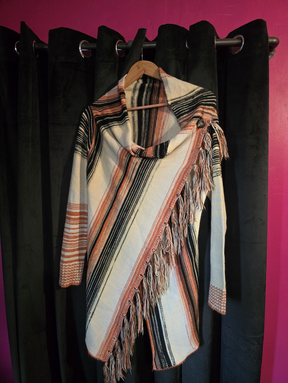 Fringed Stripe Knit Poncho Sweater - Cream, Black & Rust
